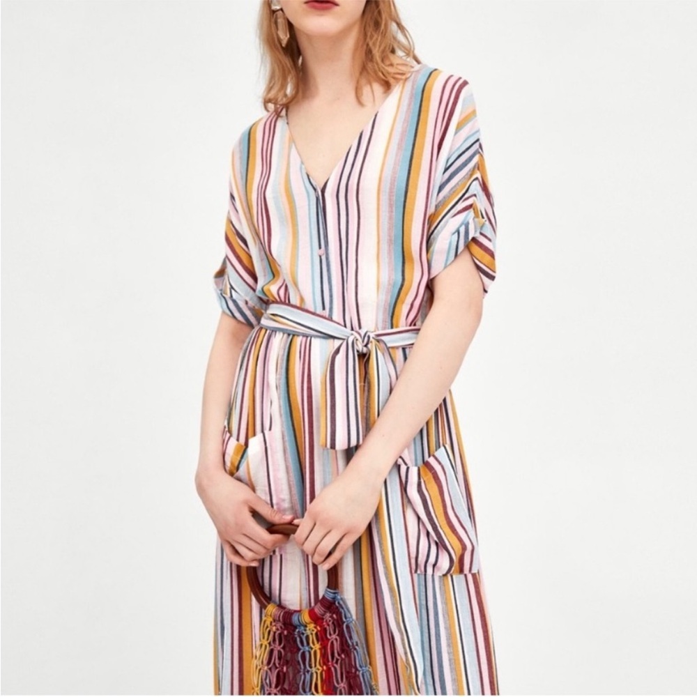 Zara TRF Rainbow Striped Linen Summer Midi Dress - Picture 2 of 11